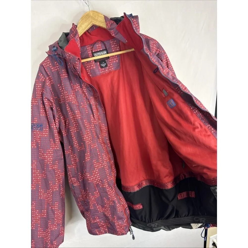 Outdoor Research Hooded Jacket Mens L Red Blue‎ Print Thermore Ski Pertex